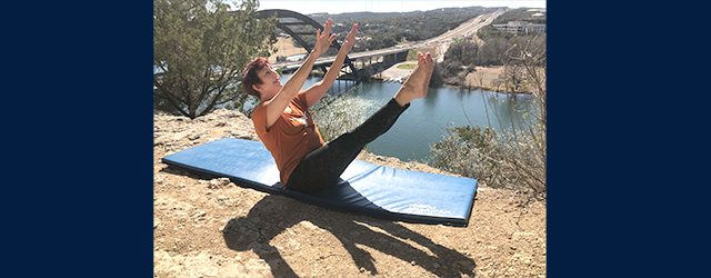 Vicki Hickerson of Body Springs Studio doing teaser in front of 360 Bridge in Austin